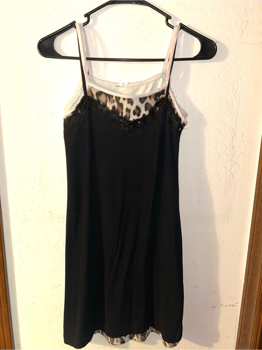 Balenciaga Black Lace-Trim Slip Dress with Leopard Accent